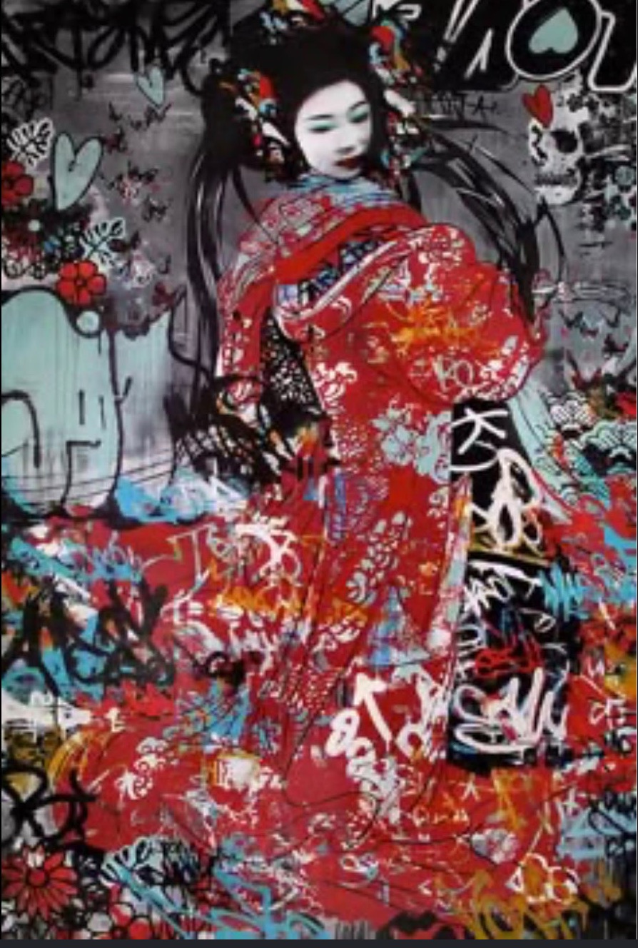 Graffiti geisha street-art wall in red, black, and aqua